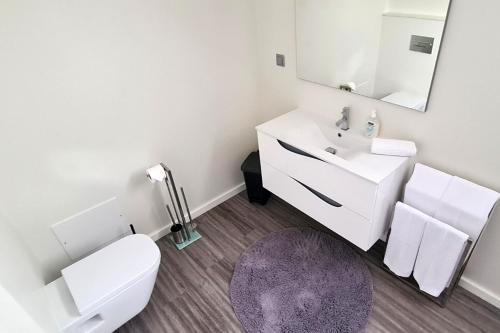 a bathroom with a toilet and a sink and a mirror at Luna Villa in Campanário