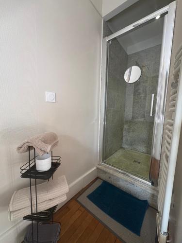 a bathroom with a shower with a blue rug at Suite studio Darcy in Dijon
