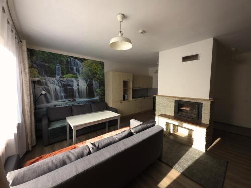 a living room with a couch and a fireplace at Bistrycia in Vilnius