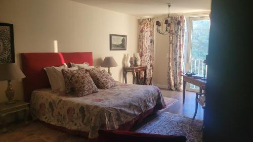 a bedroom with a bed with pillows and a window at Villa Blanche in Arles