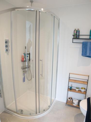 a shower with a glass door in a bathroom at Petralia BnB in Portland