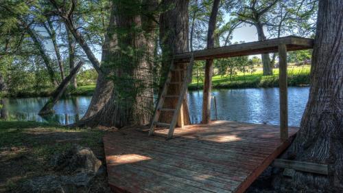 a wooden deck with a ladder next to a tree at Humming Bird Haven in Utopia