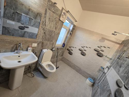 a bathroom with a sink toilet and a shower at H M farm in Surajpur