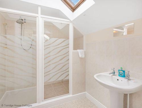 a bathroom with a shower and a sink at Hen Cottage in Little Torrington