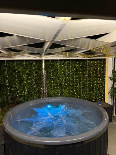 a large hot tub with blue water in a room at Villa Giselda con idromassaggio in Formia
