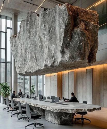 ラゴスにあるLAPAZ Apartmentsの人々が机に座っている部屋にある大きな石のテーブル