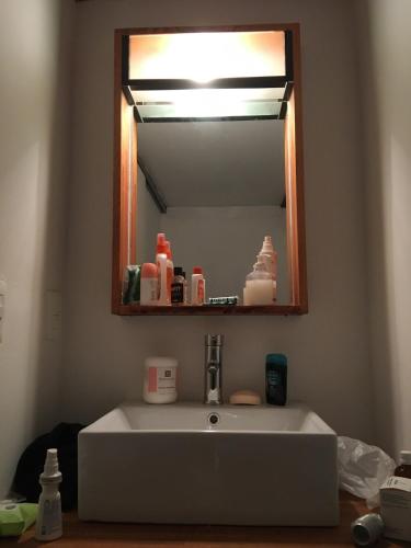 a bathroom with a sink and a mirror at Cabaña estilo escandinavo in Santa Ana