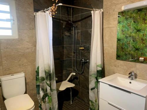 a bathroom with a shower with a toilet and a sink at Cazadodo in Étang-Salé