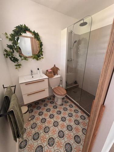 a bathroom with a shower and a toilet and a sink at Joli Studio vue Mer avec Piscine in Cul de Sac