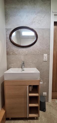 a bathroom with a sink and a mirror at studio indépendant dans maison à la campagne in Lagor