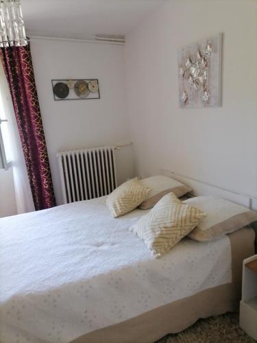 ein Schlafzimmer mit einem Bett und zwei Kissen darauf in der Unterkunft Appartement avec jardin et parking privé in Saint-Gaudens