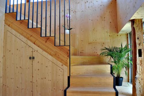 a staircase in a house with wooden walls at Ferienwohnung Reichart in Tannenbach
