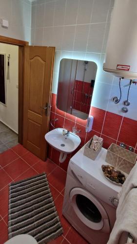a bathroom with a washing machine and a sink at Mirko's home 2 Studio Apartment in Podgorica