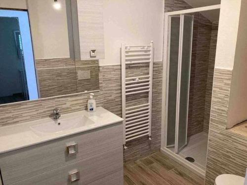 a bathroom with a sink and a shower at Una terrazza sul lago in Argegno