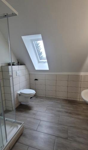 a bathroom with a toilet and a sink and a skylight at Heidehof Kuppendorf in Kirchdorf