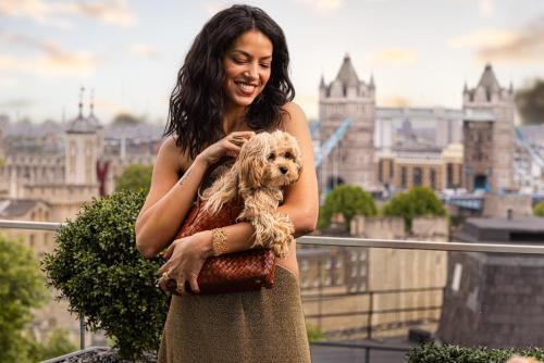 a woman holding a small dog in front of a city at Four Seasons Hotel London at Tower Bridge in London