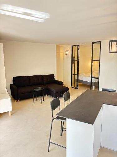 uma sala de estar com um sofá, uma mesa e cadeiras em Le Cocon de Vence - Piscine Free Parking em Vence