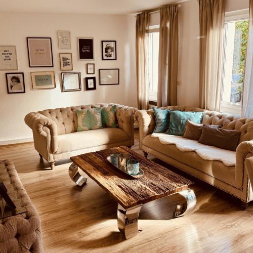 a living room with two couches and a coffee table at Mainglück in Seligenstadt