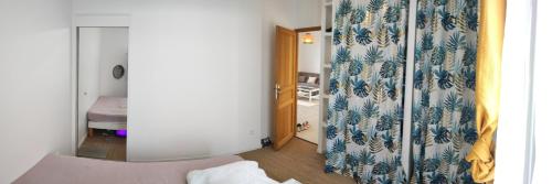 ein Zimmer mit einem Bett und ein Badezimmer mit einem Vorhang in der Unterkunft Maison moderne au calme,coeur de ville-3 chambres 2 sdb in Sens