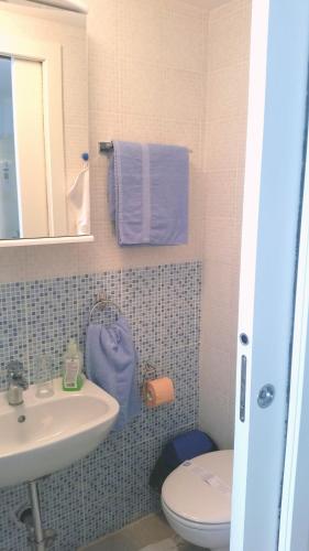 a bathroom with a sink and a toilet and a mirror at Gospoja Park & Beach Apartment Vrbnik in Vrbnik