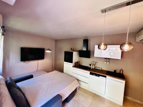 a bedroom with a bed and a tv on the wall at Monte Carlo Vista in Beausoleil