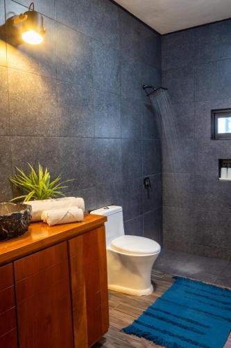 a bathroom with a toilet and a shower at Casa NAJ BALAM in Bacalar