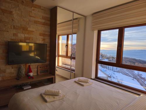 ein Schlafzimmer mit einem Bett und einem Fernseher und Fenstern in der Unterkunft Peak Montana Kopaonik in Kopaonik