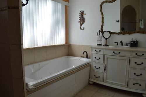 un bagno con vasca, lavandino e specchio di Mystic Hill Suites a Cloptins Crossing