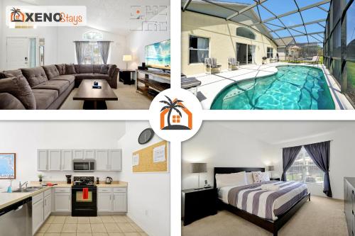 a collage of photos of a hotel room with a pool at XENOStays - Family Villa with Pool Near Disney in Kissimmee