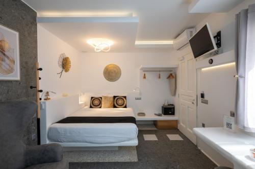 Un dormitorio pequeño con una cama y un televisor. en Mykonos Double Luxury Mini Suites-With External Hot spa Adults only, en Ano Mera
