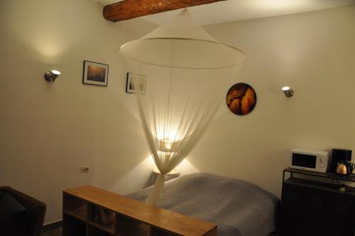 a bedroom with a bed with a light on it at location studio meublé avec jardin in Sorgues