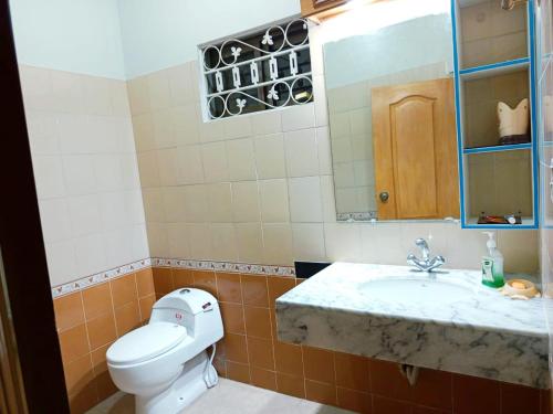 a bathroom with a toilet and a sink and a mirror at Skyline Serenity Guest House in Rawalpindi