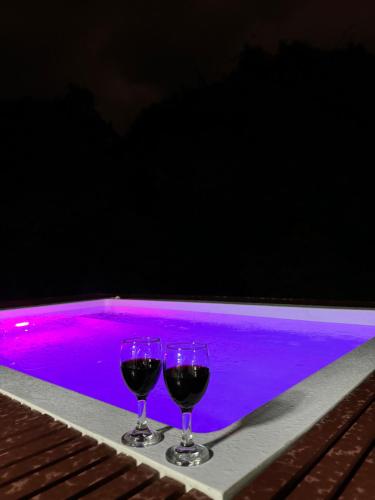 due bicchieri di vino seduti su un tavolo accanto alla piscina di Casa campestre en el Eje Cafetero a Circasia