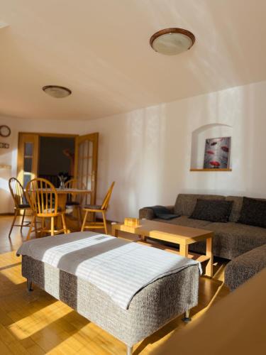 a living room with a bed and a couch at Srdce Mesta V Podkroví - slnečný apartmán s balkónom in Stará Turá