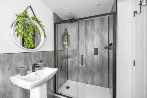 FerrydenにあるWild Berry Stays- Ferrydenのシャワー、洗面台、鏡を備えたバスルーム