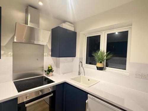 Crown Residency London في لندن: مطبخ مع دواليب زرقاء ومغسلة ونافذة