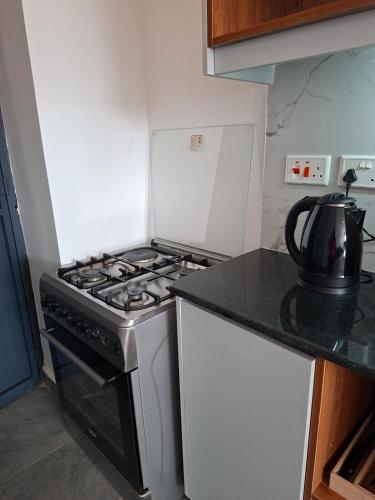 a kitchen with a stove and a tea kettle on a counter at The Nest cozy stays in Kiambu