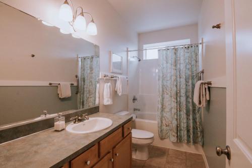 Un baño con lavabo, inodoro y ducha. en Fabulous Ocean Views! Miles of Sandy Beach! OurSandCastle, en San Marine