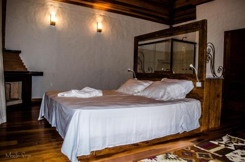 a bedroom with a bed with a mirror on the wall at Pousada Caminho dos Ipês in Bocaina de Minas