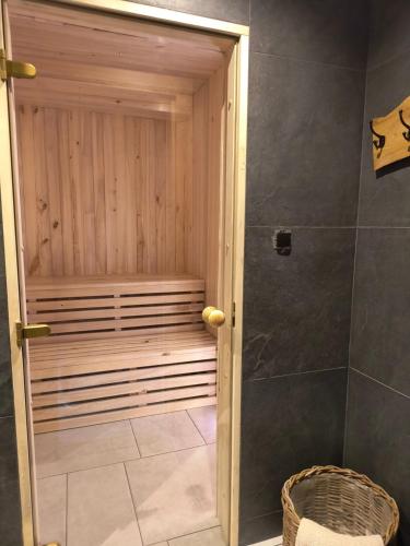een douche met een houten deur in de badkamer bij Willa Górska Pasja in Szczyrk