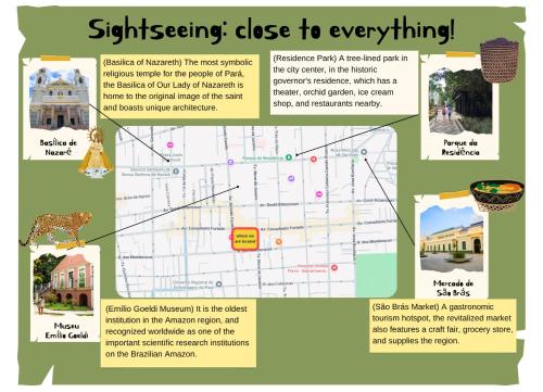 a map of a city with descriptions of attractions at Casa com suítes privativas - Localização no centro, perto de serviços e pontos turísticos in Belém