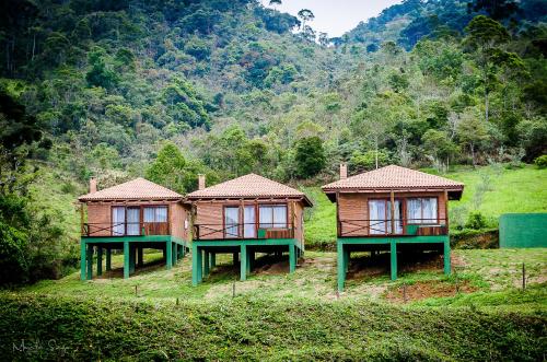 two cottages in a field with a mountain in the background at Pousada Caminho dos Ipês in Bocaina de Minas
