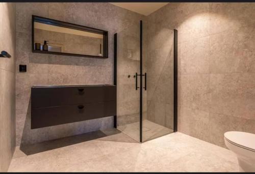 y baño con ducha, espejo y aseo. en New house in the center of Trysil, en Trysil