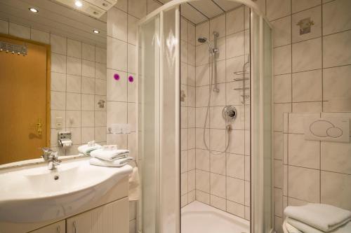 a bathroom with a shower and a sink and a toilet at Ferienwohnung Eberharter Theresia in Ramsau im Zillertal
