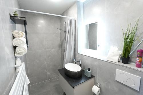a bathroom with a sink and a shower with a toilet at Wohnung IA - Elegante Mini-Suite in Neuwied