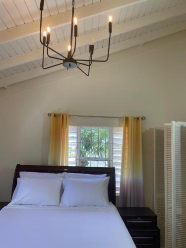 une chambre avec un lit et un lustre dans l'établissement Falmouth Trelwany Stonebrook Manner, à Falmouth