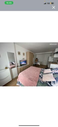 a bedroom with a bed with a red blanket at Paris studio in Villeneuve-la-Garenne