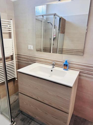 a bathroom with a sink and a mirror at Giardino Toscano in Bagnone