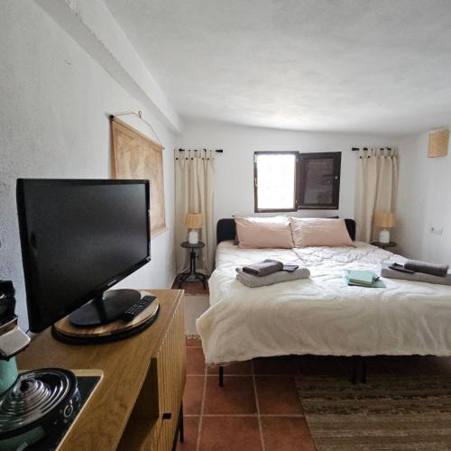 a bedroom with a bed and a flat screen tv at Cortijo El Ancla in Albox