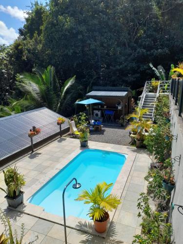 a swimming pool in the middle of a yard at Gîte Ti Roucou in Petit-Bourg